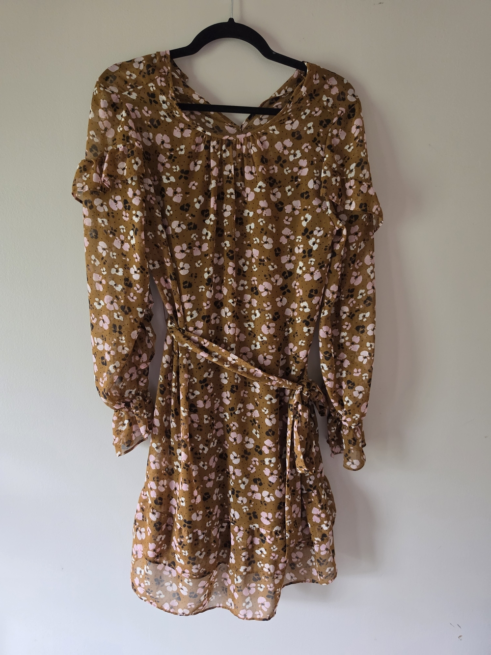 Who What Wear Mustard and Pink Floral Long Sleeve Tie-Waist Dress